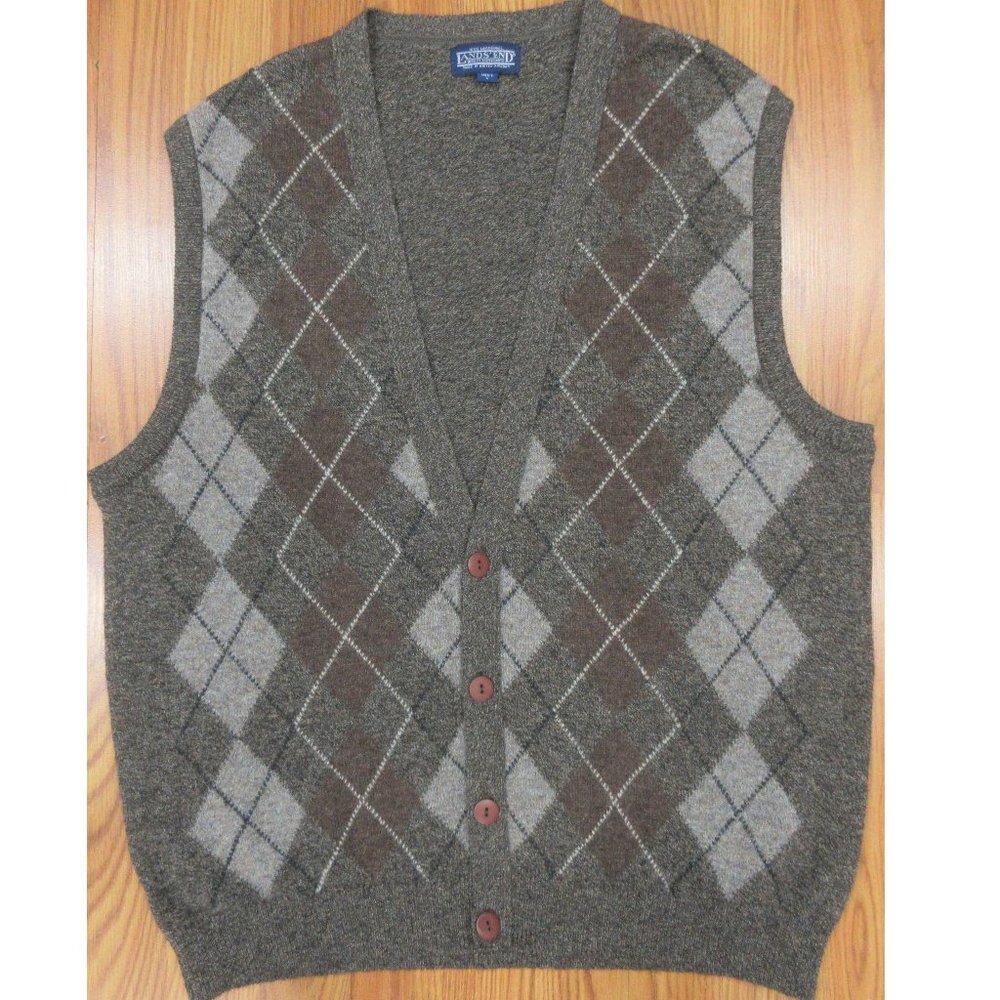 VTG LANDS' END KNITS 100% LAMBSWOOL CARDIGAN SWEATER ARGYLE LARGE, L